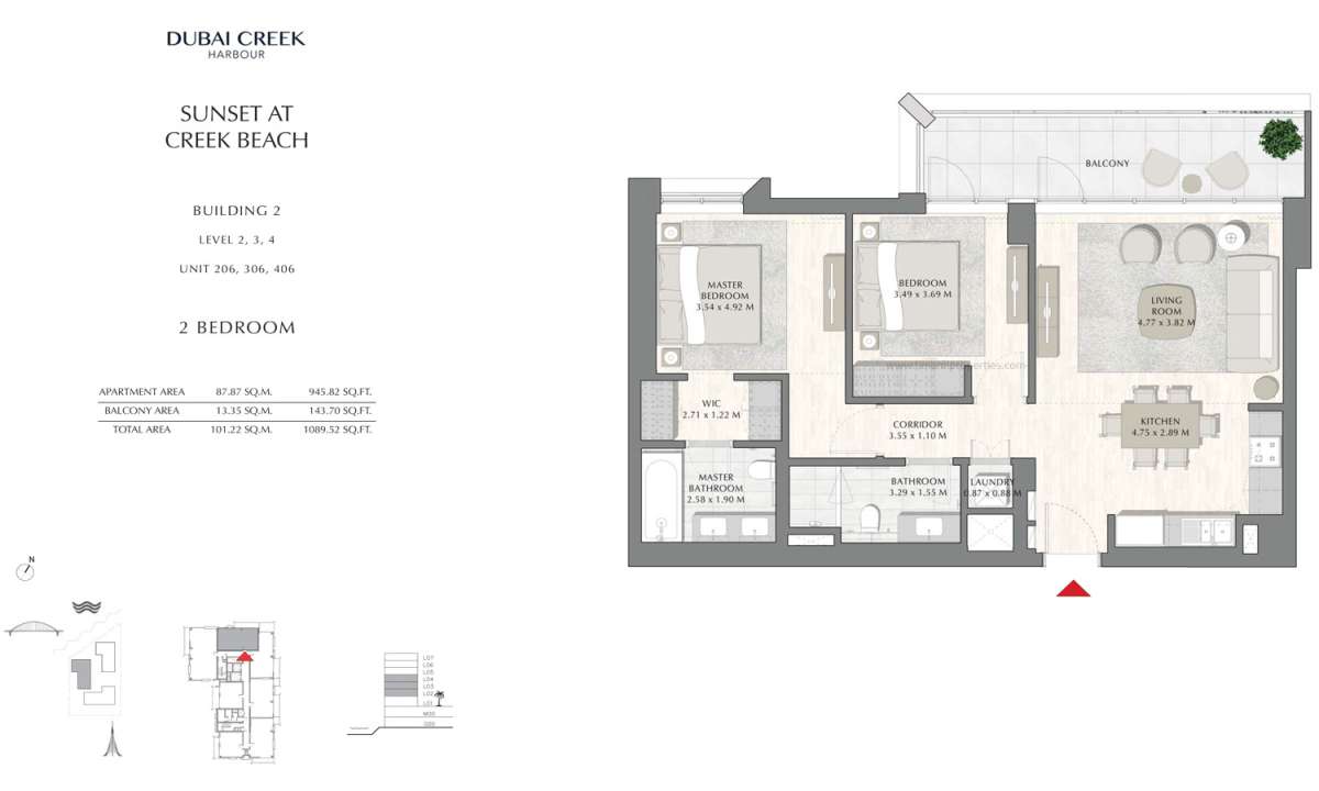 Building 2 - 2 Bedroom Level 2 To 4 Unit 206-306-406, Size 1089.52 sq ft